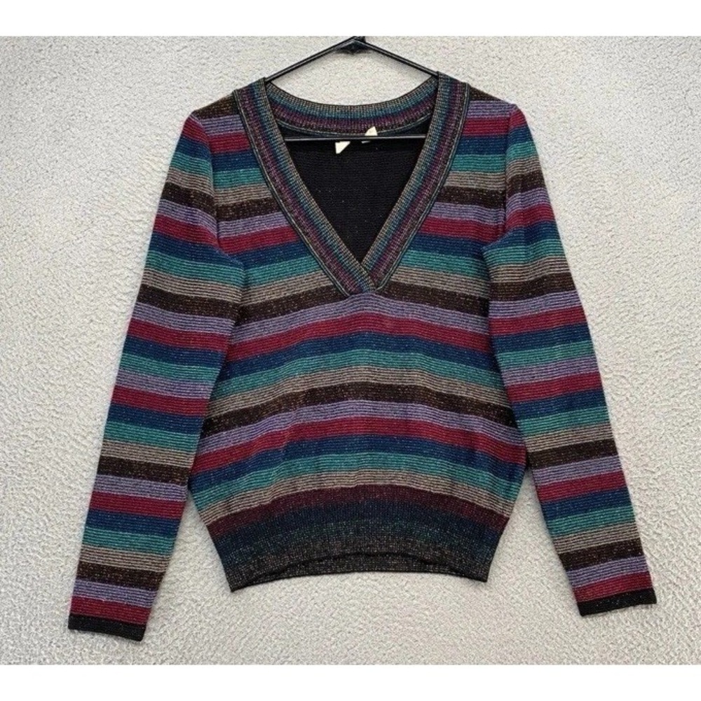 Anthropologie Moth Sweater Womens XL/14 Metallic Rainbow Striped Deep V-Neck Y2K